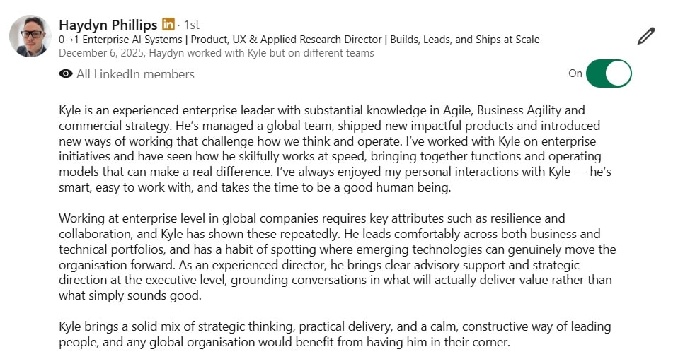 LinkedIn recommendation from Haydyn Phillips
