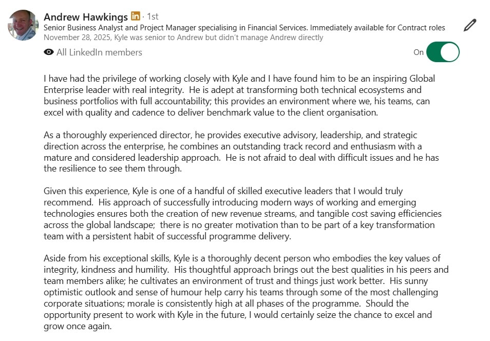 LinkedIn recommendation from Andrew Hawkings