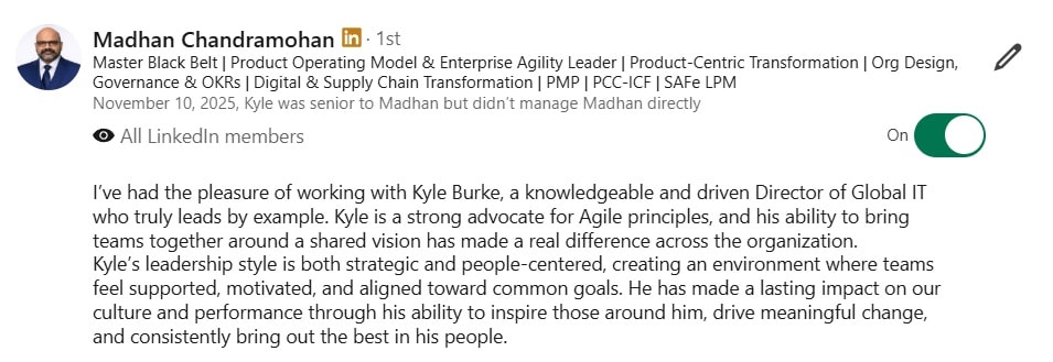 LinkedIn recommendation from Madhan Chandramohan